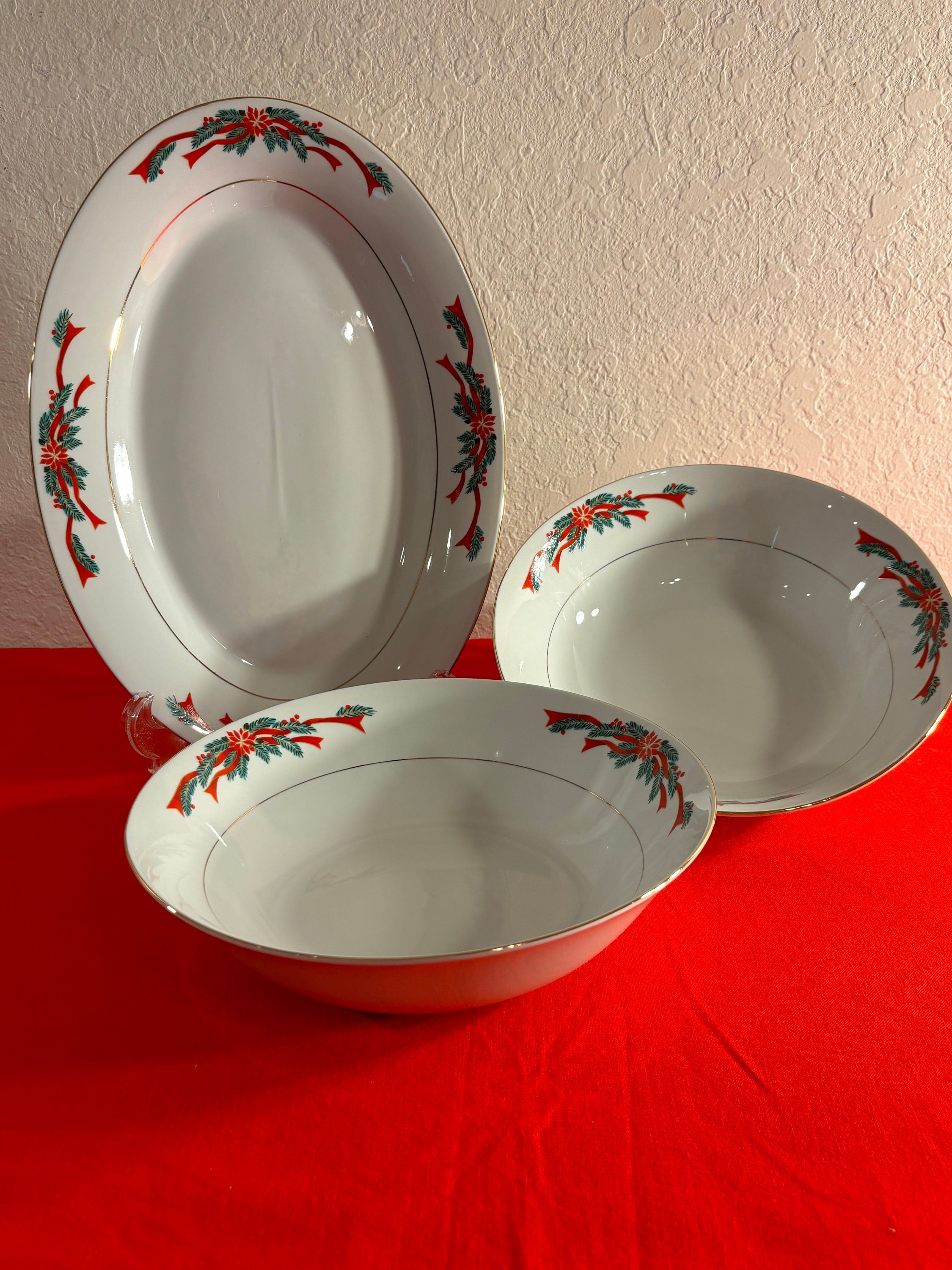 Poinsettia and Ribbons Piece Completer Serving Set Oval Platter