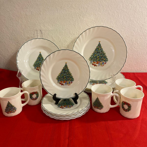 Noel Porcelle Milk Glass Four Piece Setting for Six House of Salem Christmas Tree Vintage Holiday Dinnerware Missing One Mug