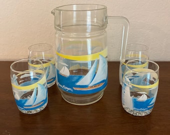 Beau Rivage Casino 8 Ounce Set of Four Low Ball Glasses and 52 Ounce Pitcher Sailboats Lighthouse Beach Collectible Bar Breakfast Set