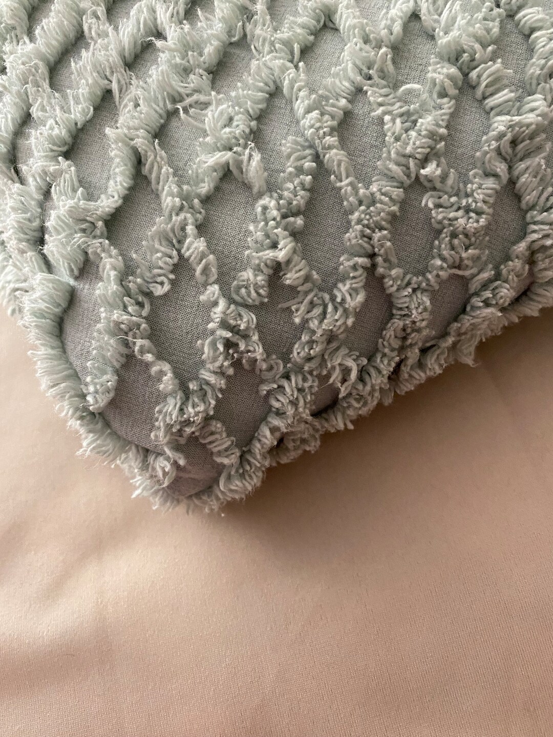 Light Blue Chenille Waffle Diamond Design Queen Bedspread 92 X 106 L