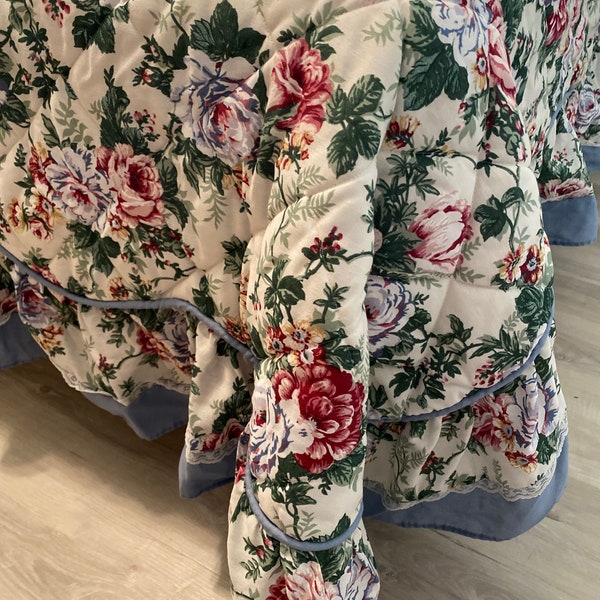 Blue and Rose Floral Queen Quilted Vintage Comforter Bedspread with Lace Accented Ruffle and Blue Piping See Description