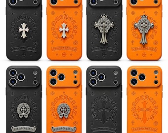 Luxe gotisch kruis hoesje voor iPhone 18 Pro Max, vintage CH-stijl reliëflederen 3D metalen Y2K punk cover voor iPhone 17 16 15 14 13 12 Pro Max