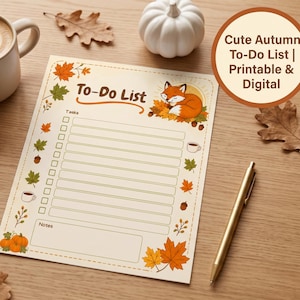 Può includere: Una lista di cose da fare su carta color crema con il testo To-Do List in alto, decorata con foglie autunnali arancioni e verdi, ghiande, zucche e una piccola illustrazione di una volpe. Il layout include una sezione per le attività.