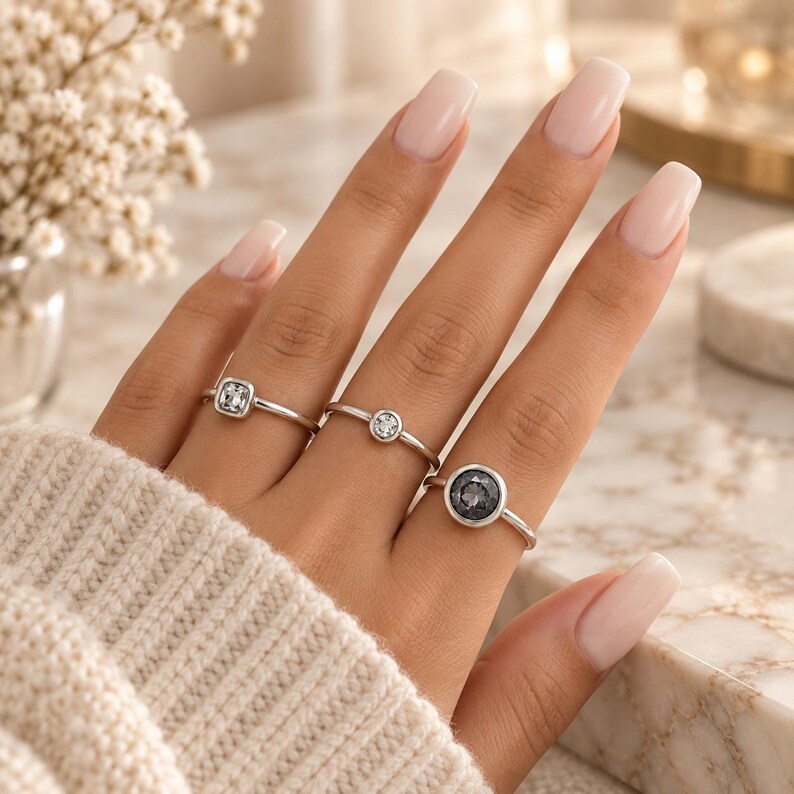 Silverringset, minimalistiska stapelbara ringar, 3-delat nätt ringset, moderna vardagssmycken, present till henne bild 8