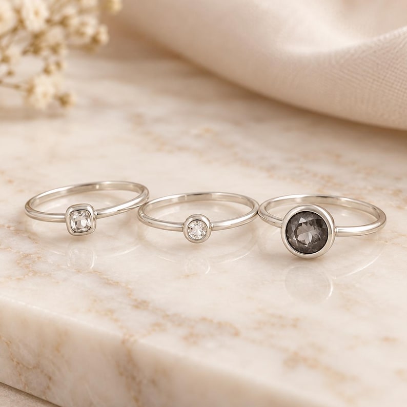 Silverringset, minimalistiska stapelbara ringar, 3-delat nätt ringset, moderna vardagssmycken, present till henne bild 3