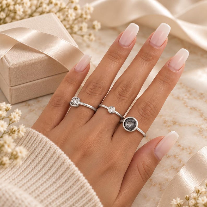 Silverringset, minimalistiska stapelbara ringar, 3-delat nätt ringset, moderna vardagssmycken, present till henne bild 2