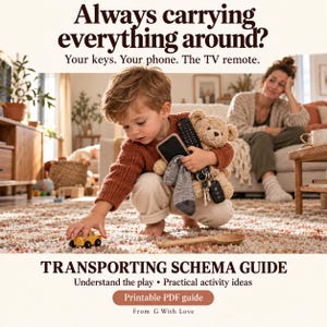 Op de afbeelding: Een kind in een roestkleurige trui en lichte broek houdt een teddybeer, een smartphone, een afstandsbediening, een grijze sok en sleutels vast. Tekst: Always carrying everything around? Your keys. Your phone. The TV remote. TRANSPORTING SCHEMA GUIDE.