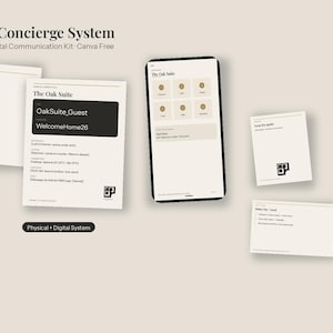 Puede incluir: Un kit de comunicación Guest Concierge System que incluye documentos impresos y un teléfono inteligente con una interfaz digital. El texto incluye Guest Concierge System, The Oak Suite y credenciales Wi-Fi. Diseño en tonos neutros.
