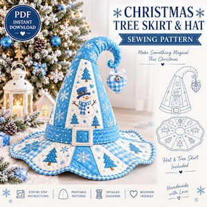 May include: A quilted Christmas tree skirt and hat sewing pattern featuring blue and white fabric with snowman, snowflake, and tree motifs. The hat has a curved tip with a hanging heart ornament. Includes text: CHRISTMAS TREE SKIRT & HAT SEWING PATTERN.