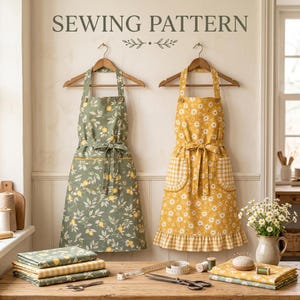 Pode incluir: Dois aventais pendurados em cabides de madeira com o texto SEWING PATTERN acima. Um avental é verde com estampa de limões, o outro é amarelo com margaridas e bolsos xadrez. Tecidos, tesouras e uma fita métrica estão abaixo.
