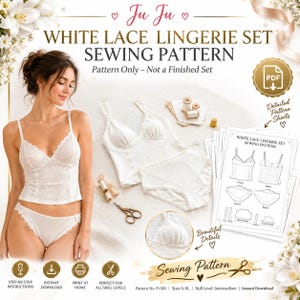 White Lace Lingerie Set Sewing Pattern, Triangle Cup Camisole & High-Waist Briefs (PDF)