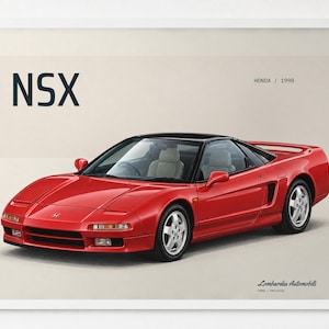 Könnte beinhalten: Ein gerahmter Druck einer roten Honda NSX Sportwagen von 1990. Der Text NSX erscheint in großen dunklen Buchstaben in der oberen linken Ecke. Der Text HONDA / 1990 steht oben rechts und Lombardia Automobili FORMA / PRECISION befindet sich unten.