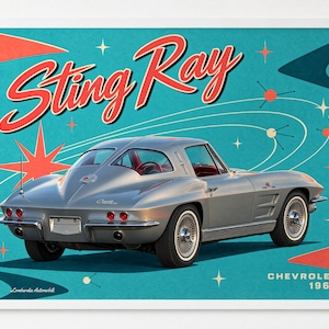 May include: A poster featuring a silver 1963 Chevrolet Sting Ray car viewed from the rear three-quarter angle. The background is teal with red geometric shapes, starburst icons, and orbital lines. The text reads Sting Ray, Chevrolet 1963.