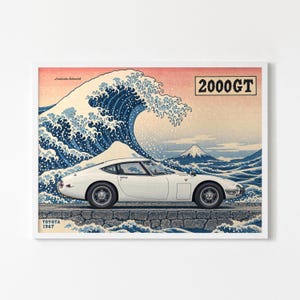 Toyota 2000GT 1967 Poster, White Great Wave - JDM Car Art Print, Framed or Unframed