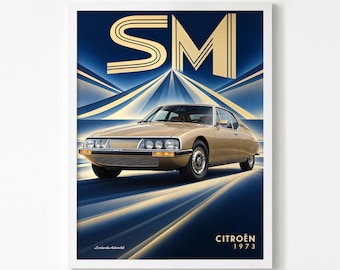 Poster Citroen SM 1973, oro su blu navy - Stampa artistica di auto d'epoca, con o senza cornice.