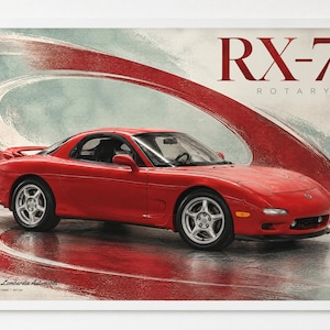 Op de afbeelding: Een ingelijste wandkunstprint met een felrode Mazda RX-7 sportwagen. De tekst RX-7 ROTARY staat in grote rode letters in de rechterbovenhoek. Een gestileerde rode penseelstreek-afbeelding buigt achter de auto op een lichte achtergrond.