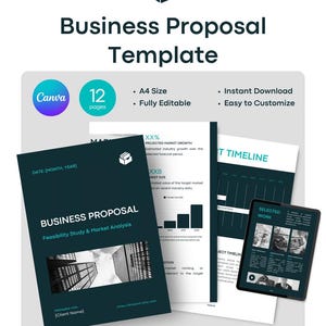 May include: A business proposal template featuring 12 pages in A4 size. The document includes a dark teal cover with the text Business Proposal, Feasibility Study & Market Analysis, and a black and white image of skyscrapers. It is fully editable.