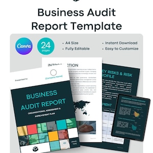 Op de afbeelding: Een 24-pagina tellend Business Audit Report sjabloon in A4-formaat. Het document heeft een donkergroenblauwe omslag met een kleurrijk raster van vierkanten, getiteld Business Audit Report Organizational Assessment & Improvement Plan, met tekst.