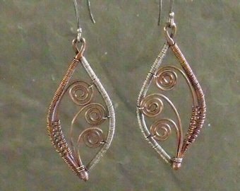 Copper Earrings, Silver Earrings, Wirework Earrings, Mixed Metals Earrings