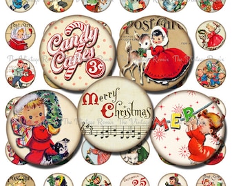 Printable Christmas 1 Inch Round Circles, Digital Collage Sheet, Instant Download, Vintage Images for bottlecaps, stickers, seals, pendants.