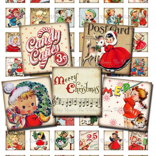 Christmas 1 Inch Square images, Printable Digital Collage Sheets, Instant Download, Retro Vintage Graphics