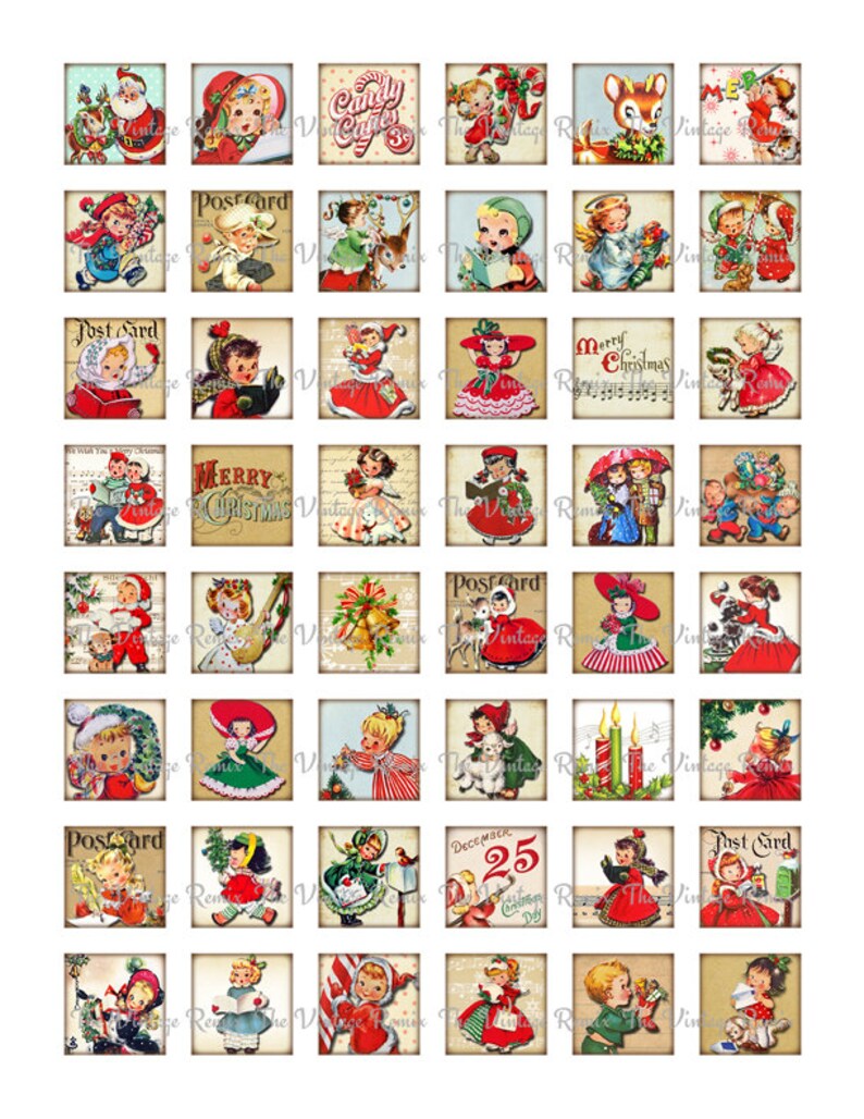 Christmas 1 Inch Square images, Printable Digital Collage Sheets, Instant Download, Retro Vintage Graphics image 2