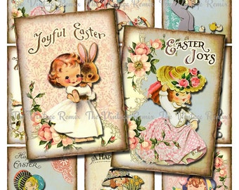 INSTANT DOWNLOAD Printable Easter Tags, Digital Collage Sheet of vintage girls with bonnets, bunnies and flowers. aceo, atc sized.