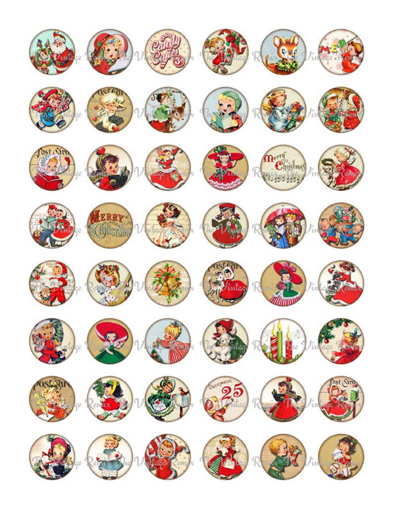 Printable Christmas 1 Inch Round Circles, Digital Collage Sheet, Instant Download, Vintage Images for bottlecaps, stickers, seals, pendants. image 2