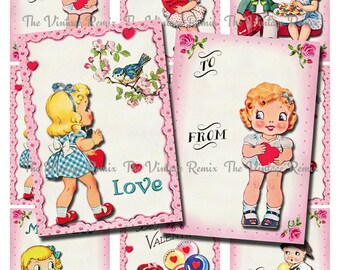 Printable Valentine Cards, Instant Download, Digital Collage Sheet of Retro Vintage Kids.  Scrapbooking Clip Art.  Set of 9.