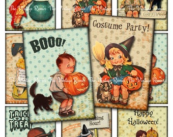 INSTANT DOWNLOAD, Halloween Digital Collage Sheet atc's, Retro Vintage Inspired Printables for Tags, Cards, Scrapbooking, Labels, aceo