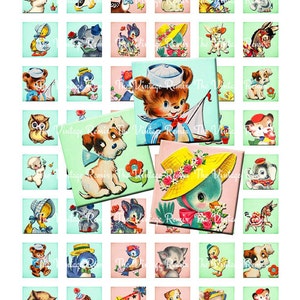 May include: A set of 36 vintage digital collage images featuring cute cartoon animals wearing hats. The animals include a lamb, penguin, rabbit, cat, dog, bear, owl, bird, and more. The images are perfect for scrapbooking, card making, and other craft projects.