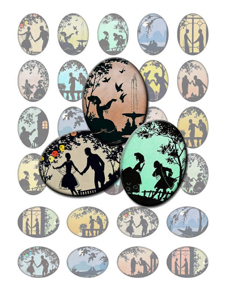 INSTANT DOWNLOAD Digital Collage Sheet Ovals Vintage Art Deco and Victorian Romantic Silhouettes 30x40mm for pendants cameos brooches