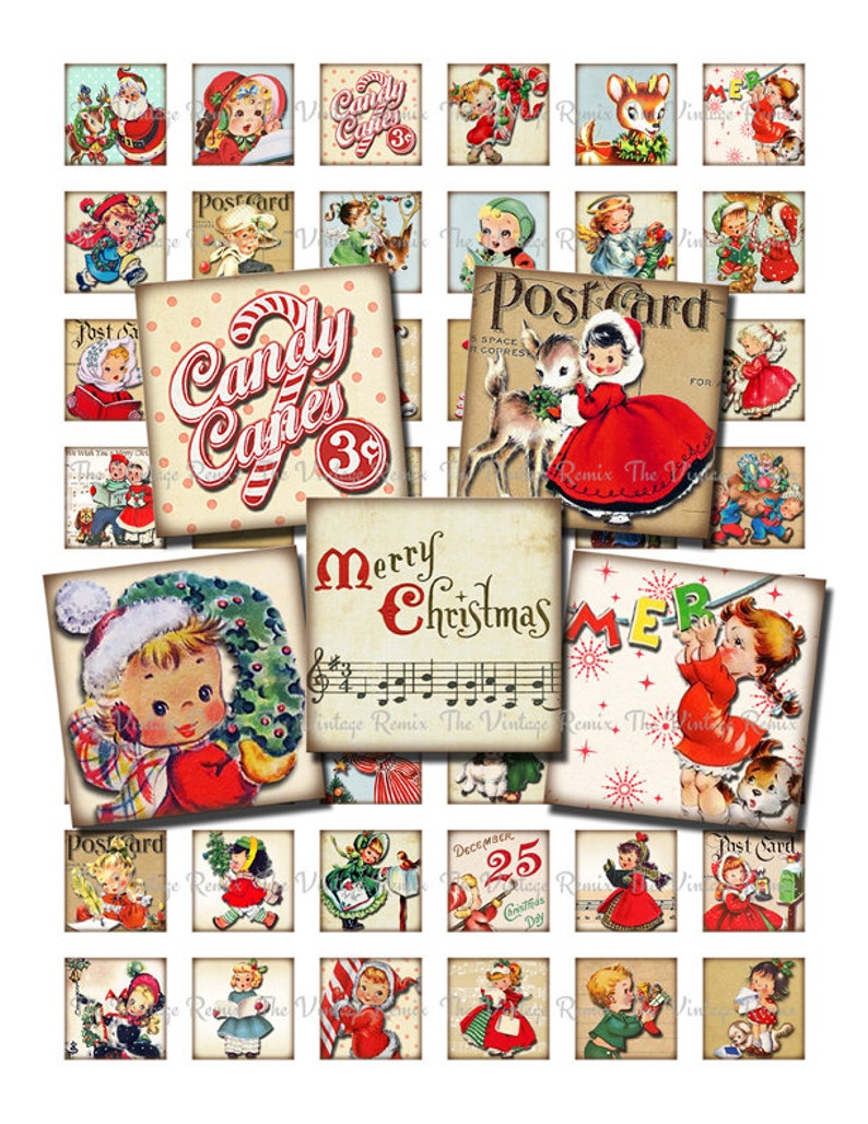 Christmas 1 Inch Square images, Printable Digital Collage Sheets, Instant Download, Retro Vintage Graphics image 1