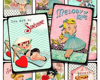 INSTANT DOWNLOAD Valentine Card Printables, Digital Collage Sheet, Vintage girl images for treat bags, tags, cards and more...