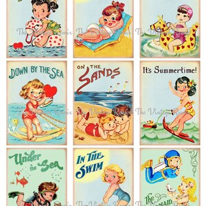 May include: Nine vintage illustrations of children enjoying summer activities at the beach. The illustrations feature children swimming, sunbathing, riding a water ski, and playing with a beach toy. The illustrations are in a cartoon style and have a retro feel.