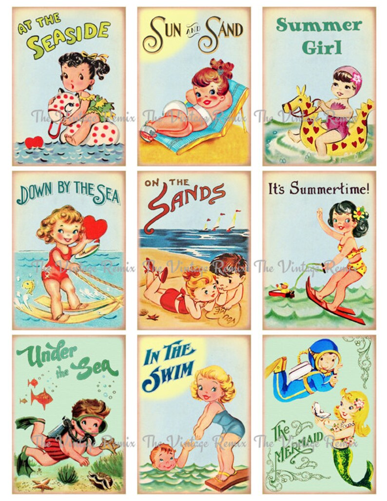 May include: Nine vintage illustrations of children enjoying summer activities at the beach. The illustrations feature children swimming, sunbathing, riding a water ski, and playing with a beach toy. The illustrations are in a cartoon style and have a retro feel.