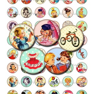 INSTANT DOWNLOAD, Printable Digital Collage Sheet, 1 Inch Circles of Retro Vintage Childhood Images