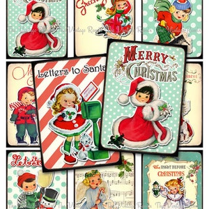 May include: A digital collage of nine vintage Christmas images featuring children, snowmen, angels, and festive greetings. The images are in a variety of colours, including red, green, blue, and white. The text in the images includes "Merry Christmas", "The Season's Greetings", "Let it Snow", "Letters to Santa", "The Right Before Christmas", and "Merry Christmas".