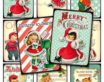 INSTANT DOWNLOAD, Digital Collage Sheet Christmas Tags, Labels, Retro Vintage Kids, Printable Graphics, atc aceo