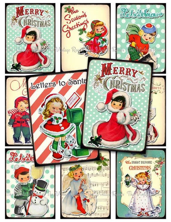 INSTANT DOWNLOAD, Digital Collage Sheet Christmas Tags, Labels, Retro Vintage Kids, Printable Graphics, atc aceo