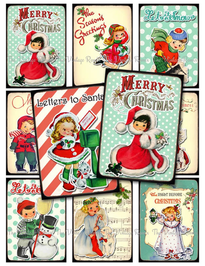 May include: A digital collage of nine vintage Christmas images featuring children, snowmen, angels, and festive greetings. The images are in a variety of colours, including red, green, blue, and white. The text in the images includes "Merry Christmas", "The Season's Greetings", "Let it Snow", "Letters to Santa", "The Right Before Christmas", and "Merry Christmas".