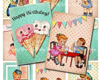 Digital Collage Sheet, Retro Vintage Birthday Party, Ice Cream Kids, Printable Digital Download for Tags, Cards, Labels. ATC ACEO