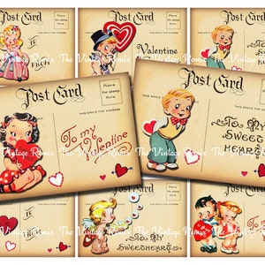 Direct downloaden, afdrukbare Valentine postkaarten, digitale Collage blad, Retro, Vintage, Kitsch Kids, Scrapbooking leveren, atc aceo