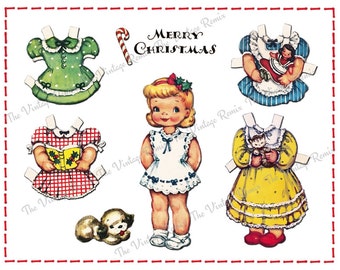 Christmas Paper Doll, Instant Download, Printable Digital Collage Sheet, Vintage Greeting Card Girl.