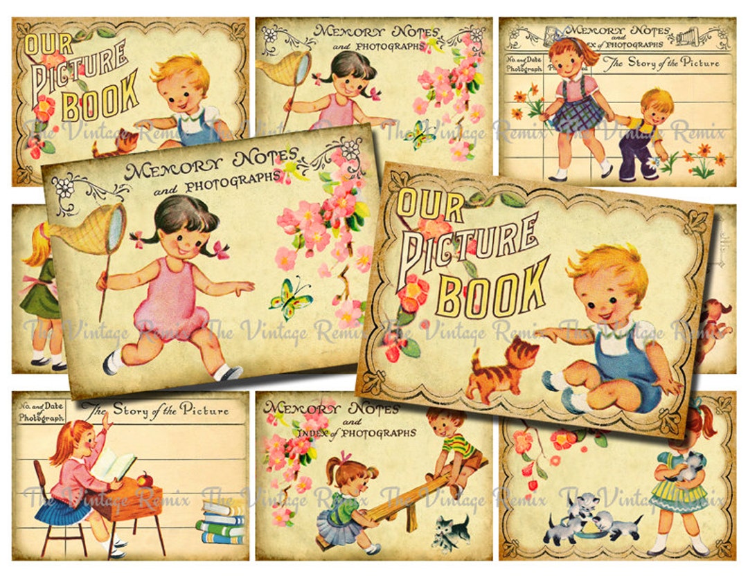 Printable Scrapbook Images, Retro Childhood Graphics, Digital Collage