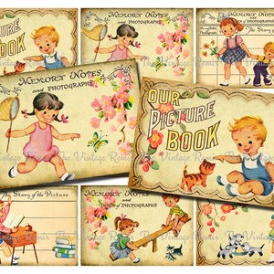 Könnte beinhalten: Ein Vintage-Scrapbook-Set mit Illustrationen von Kindern und Tieren. Das Set enthält Seiten mit dem Text "Our Picture Book" und "Memory Notes and Photographs".