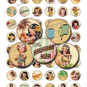 Téléchargement immédiat, feuille imprimable Collage numérique de 1 pouce rond Images, filles de Hula Vintage rétro, cercles de 25mm