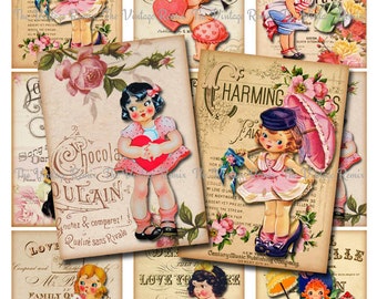 INSTANT DOWNLOAD, Vintage Valentine Girls, Sheet Music Ephemera, Altered Art, Printable aceo atc Digital Collage Sheet