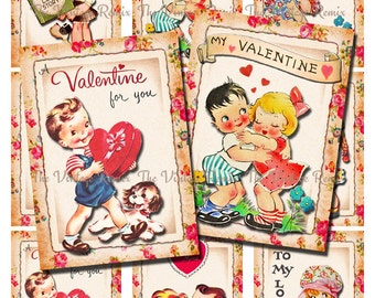 Printable Valentine cards, tags.  Instant Download.  Retro-vintage digital collage sheet. atc aceo sized.  Set of 9.