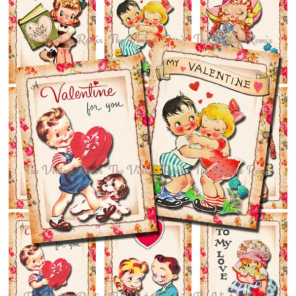 Printable Valentine cards, tags.  Instant Download.  Retro-vintage digital collage sheet. atc aceo sized.  Set of 9.